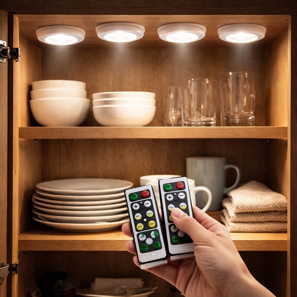 Wall Light Tap Lights Puck Pack of 4 Remote Cabinet Small Spaces Mini Portable